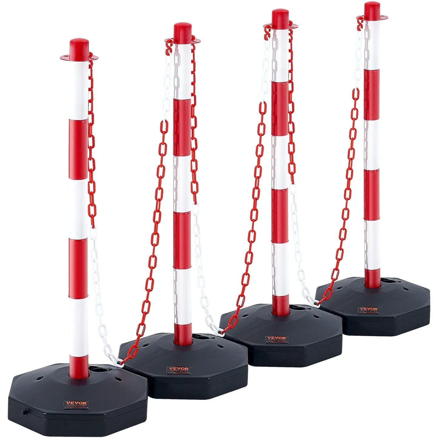 VEVOR Adjustable Traffic Delineator Post Cones, 4 Pack, Traffic Safety Delineator Barrier With Fillable Base 8FT Chain, For Traffic Control Warning Parking Lot Construction Caution Roads, Red & White - THE MILE MAKER DRIVER SHOP