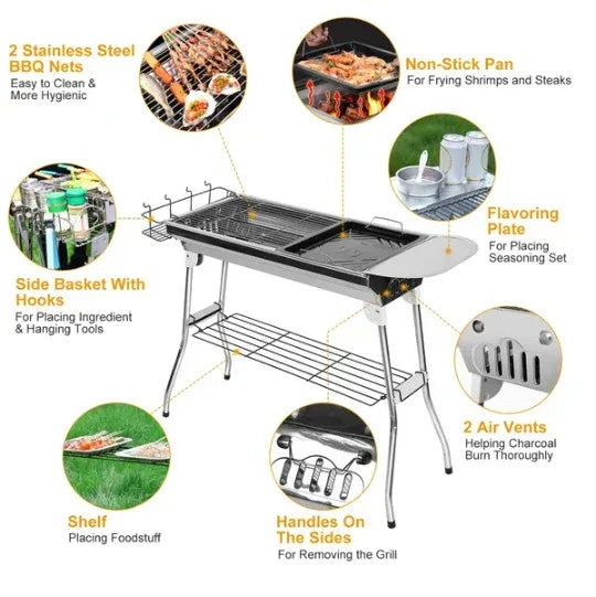 Foldable BBQ Grill Portable Charcoal Barbeque Grill Stainless Steel BBQ Grill For Picnic Camping - THE MILE MAKER DRIVER SHOP