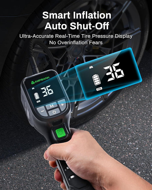 AMPBANK AT001 Portable Tire Air , Car-mounted Automatic Air Pump With Tire Pressure Gauge, 150PSI With LED Suitable For Cars, Motorcycles, SUVs, Bicycles, Balls, Etc. - THE MILE MAKER DRIVER SHOP