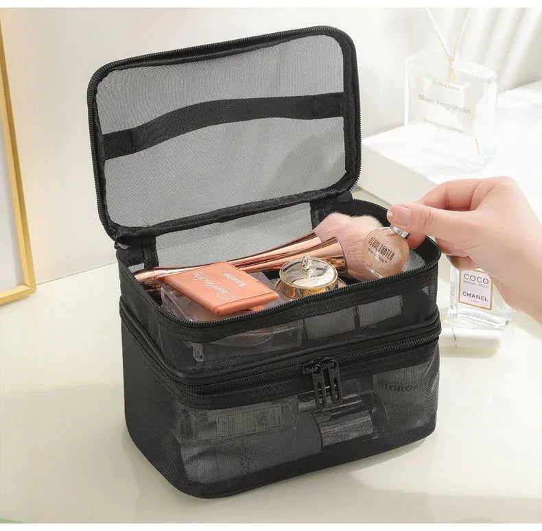 2pcs Double Layer Mesh Yarn Toiletry Bag Portable Travel Cosmetic Storage Bag In Black And Grey For Business Trips Large Capacity Travel Cosmetic Storage Bag - THE MILE MAKER DRIVER SHOP