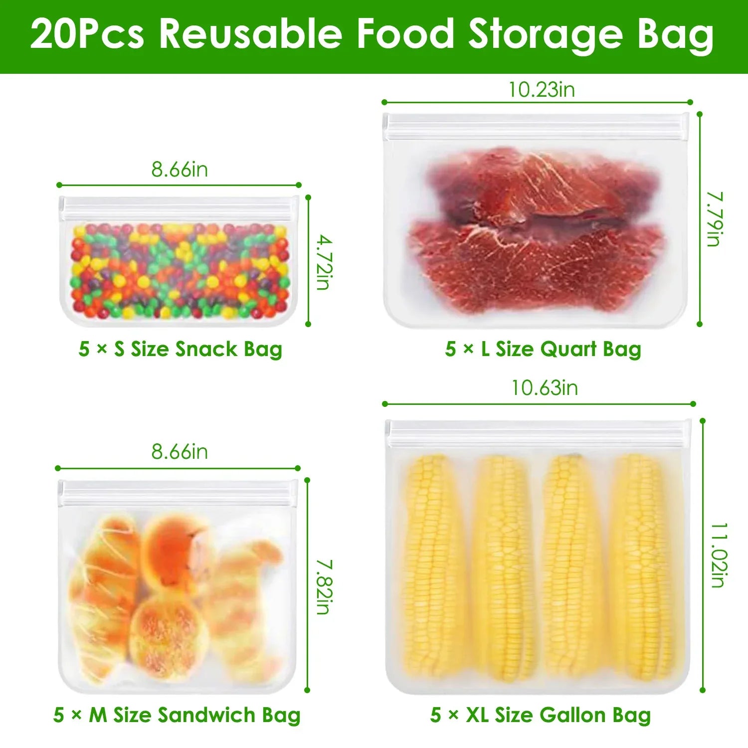 20Pcs Reusable Food Storage Bags 5 Sandwich Snack Gallon Quart Bag Leakproof BPA Free Food Container Freezer Safe Lunch Bag - THE MILE MAKER DRIVER SHOP