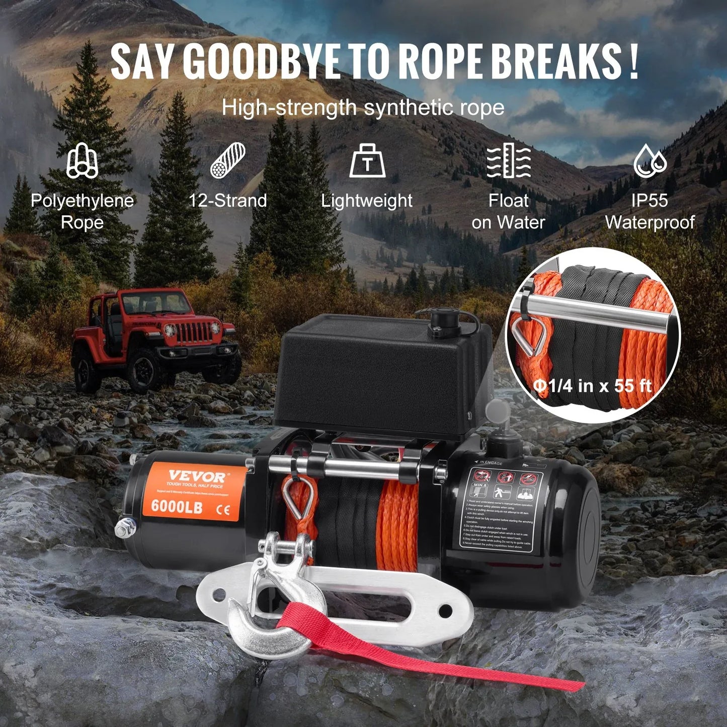 Electric Winch For Truck 6000 Lb Synthetic Rope Waterproof Remote Control - THE MILE MAKER DRIVER SHOP