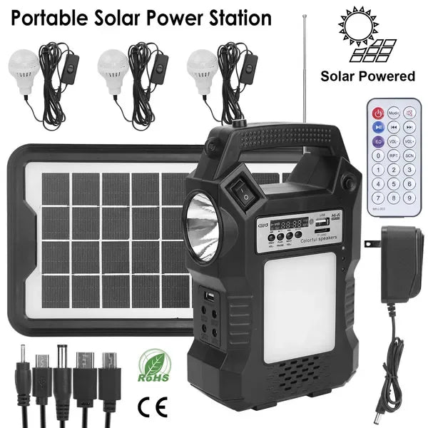 Portable Solar Power Station Rechargeable Backup Power Bank W/Flashlight 3 Lighting Bulbs For Camping Outage Garden Lamp - THE MILE MAKER DRIVER SHOP
