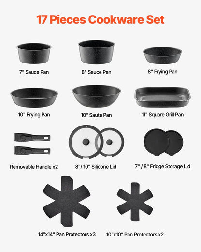 17 Piece Pots And Pans Set Granite Nonstick Kitchen Cookware Induction Black - THE MILE MAKER DRIVER SHOP