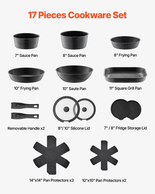 17 Piece Pots And Pans Set Granite Nonstick Kitchen Cookware Induction Black - THE MILE MAKER DRIVER SHOP