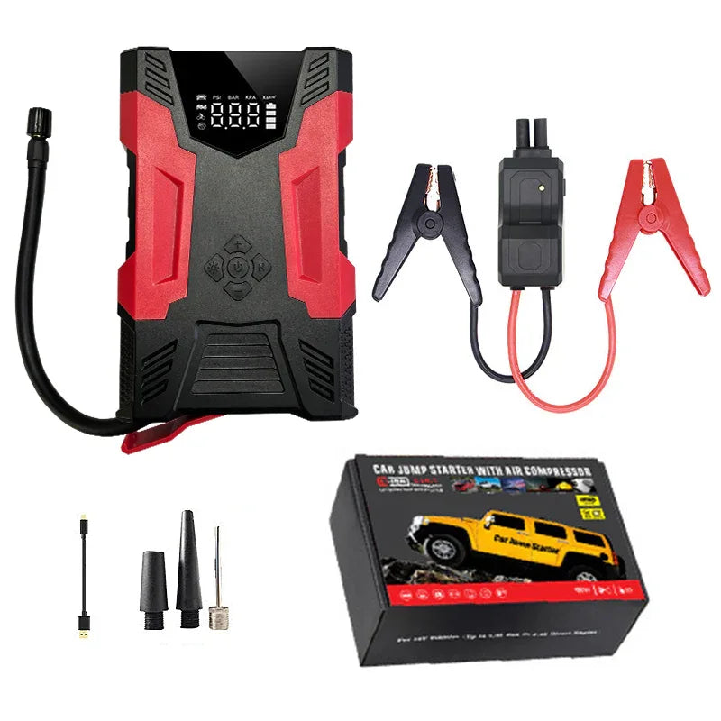 4in1 Multi-functional Car Emergency Jump Starter 12V High-Power Automotive Battery Emergency Jump Starter With Air Compressor Air Pump, Black And Red - THE MILE MAKER DRIVER SHOP