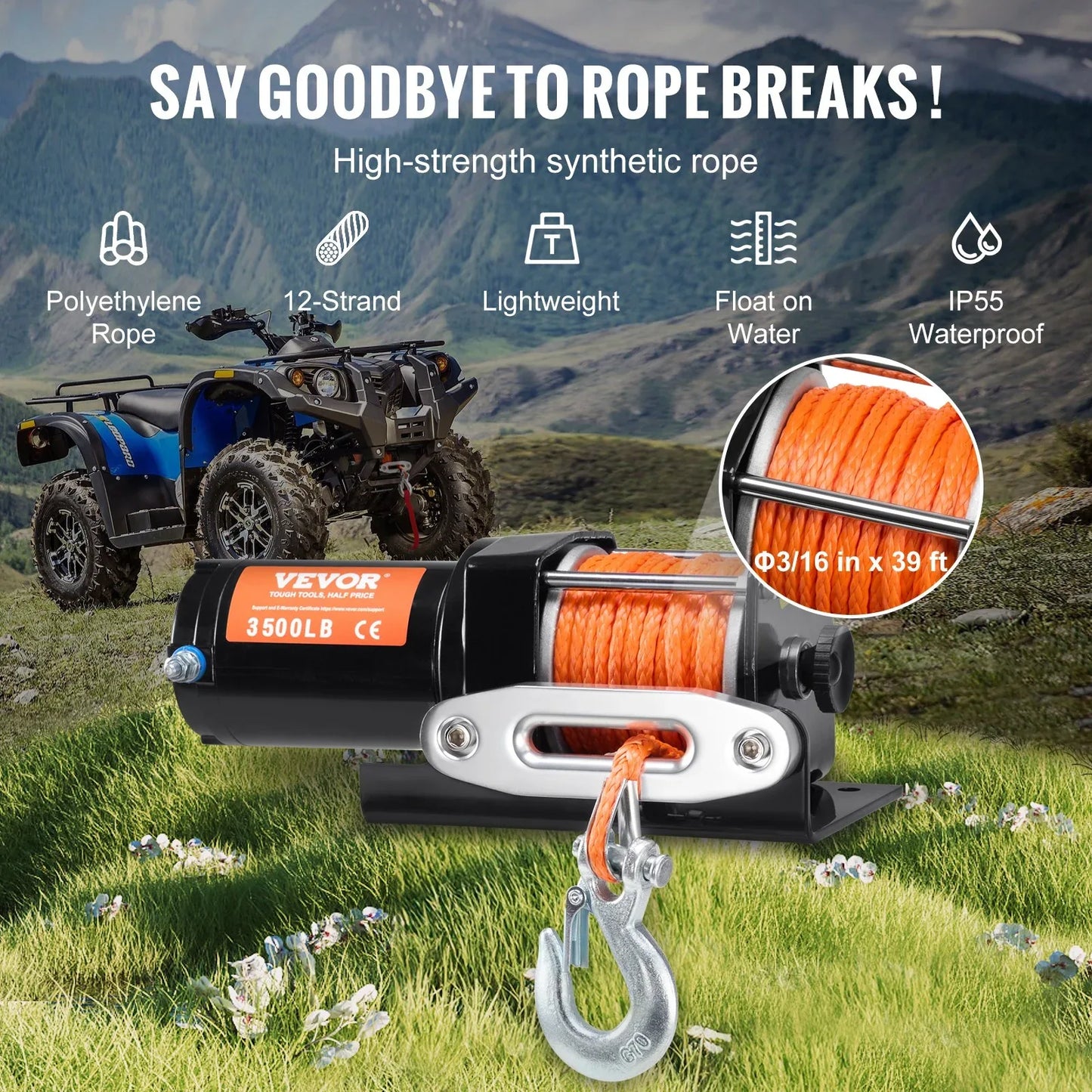Electric Winch ATV UTV 3500 Lb Synthetic Rope Waterproof Wired Control - THE MILE MAKER DRIVER SHOP
