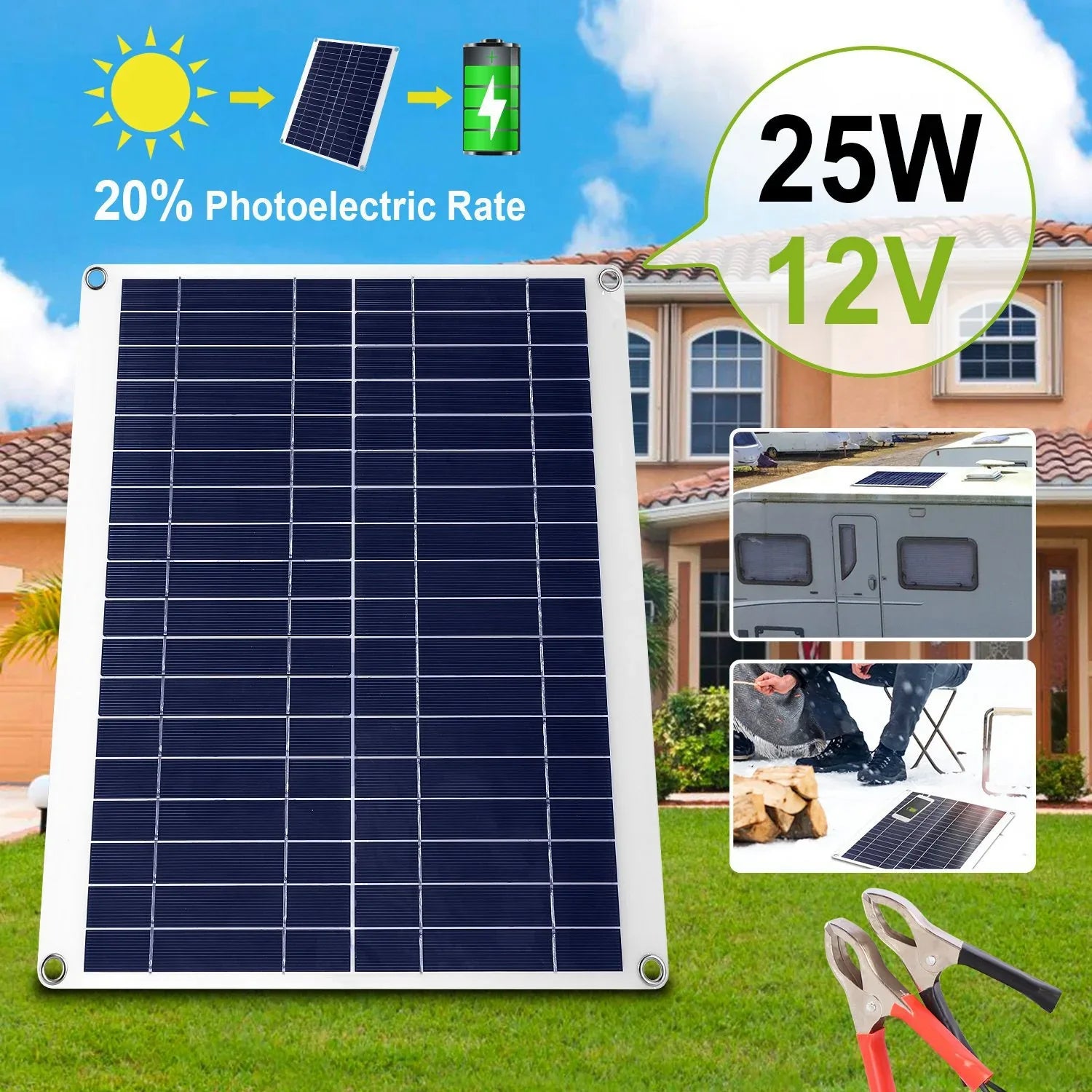 1Pc Outdoor Solar Panel 12V 25W Car Battery Charger IP68 Waterproof With 3.0A Dual USB Charging Clip Line For RV Car Boat - THE MILE MAKER DRIVER SHOP