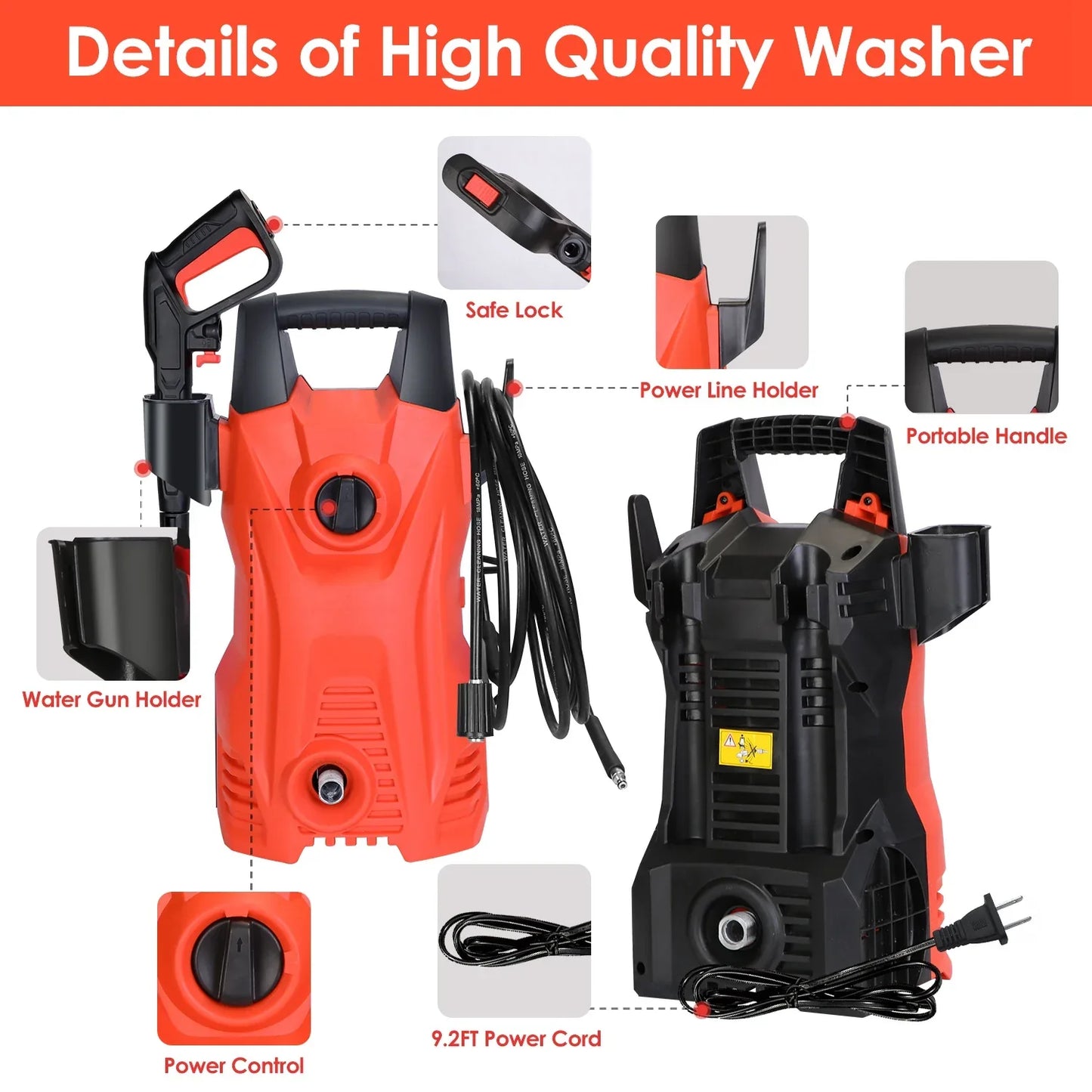 1Pc Electric High Pressure Washer 1740PSI Powerful Car Washer Pressure Cleaner With Adjustable Spray Nozzle Soap Dispenser IPX5 Waterproof For Patio Garden Driveway - THE MILE MAKER DRIVER SHOP