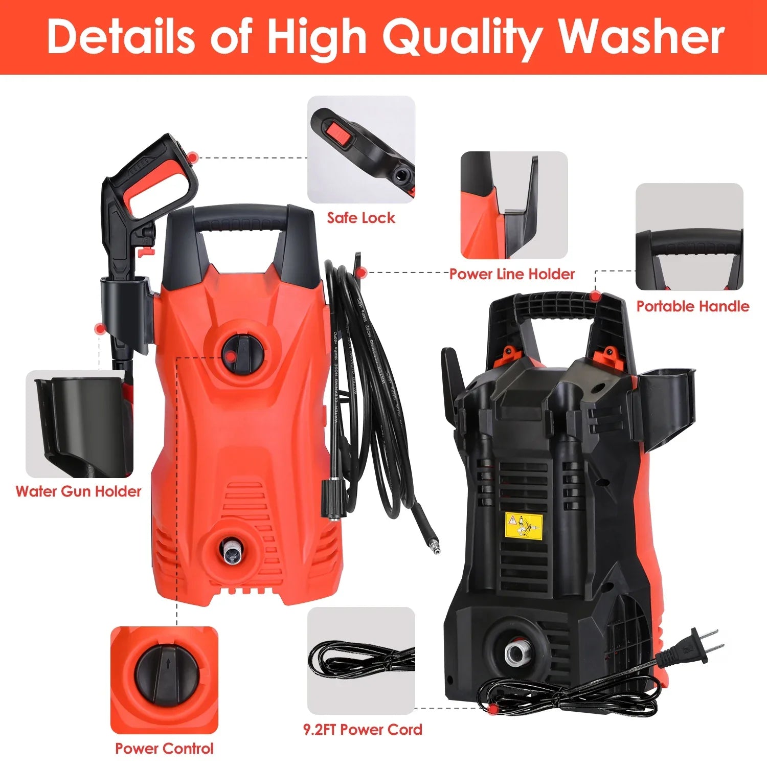 1Pc Electric High Pressure Washer 1740PSI Powerful Car Washer Pressure Cleaner With Adjustable Spray Nozzle Soap Dispenser IPX5 Waterproof For Patio Garden Driveway - THE MILE MAKER DRIVER SHOP