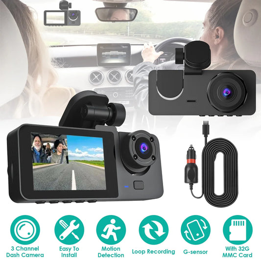 3 Channel Dash Cam Front Inside Rear Vehicle Driving Recorder Car DVR With 32G MMC Card G Sensor Motion Detection Parking Monitor Loop Recording - THE MILE MAKER DRIVER SHOP