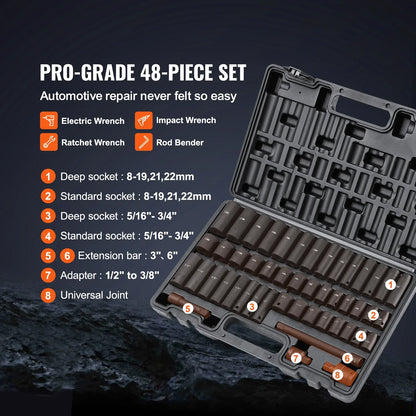 VEVOR Rive Impact Socket Set, 48 Piece Socket Set SAE & Metric 8-22mm 6 Point Cr-V Drive Extension Bar Universal Joint & Power Drill Adapter Includes Storage Case - THE MILE MAKER DRIVER SHOP