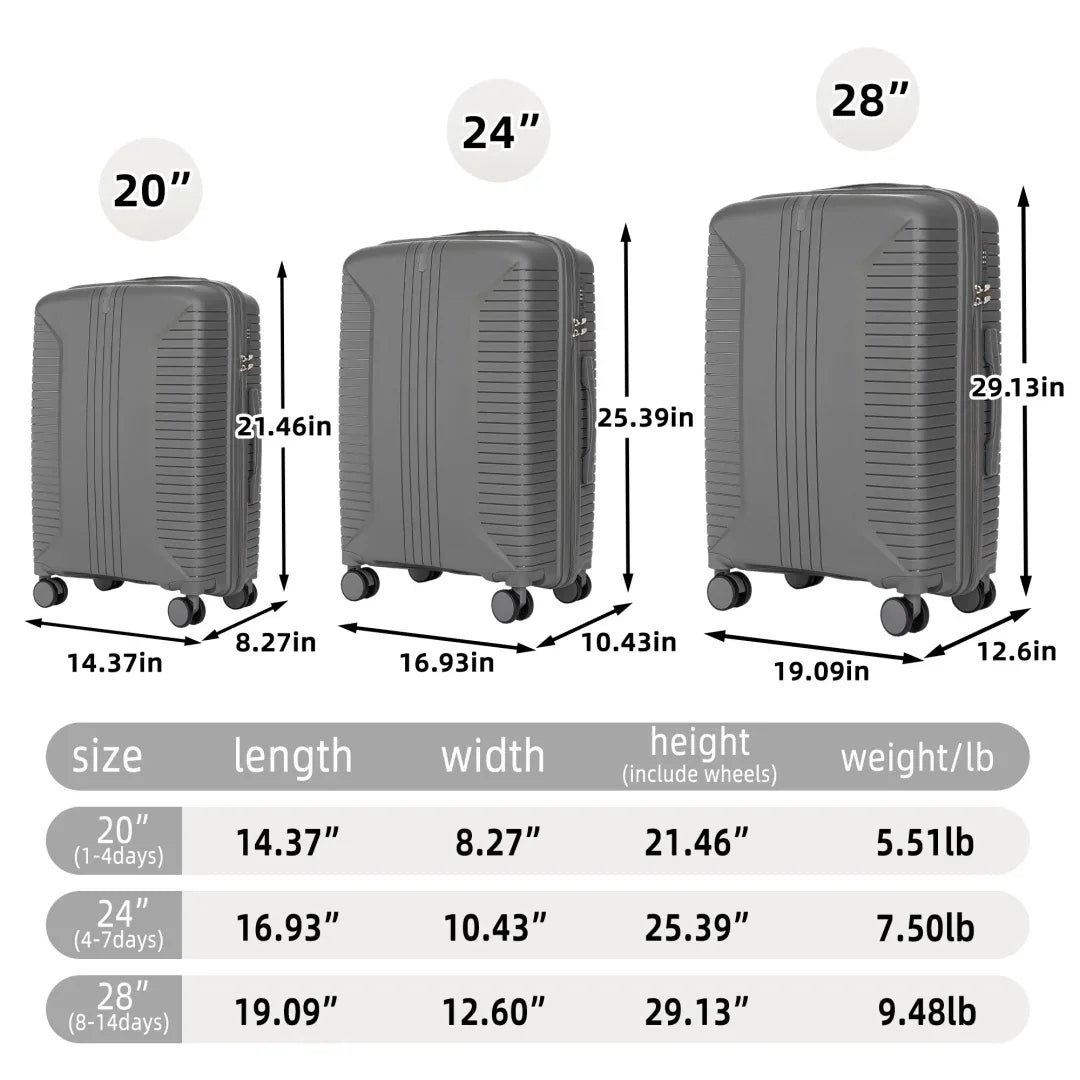 20 24 28 3 Pcs Set In PP Spinner Wheel Luggage, Carry On Suitcase, Matching Color, Combination Lock - THE MILE MAKER DRIVER SHOP