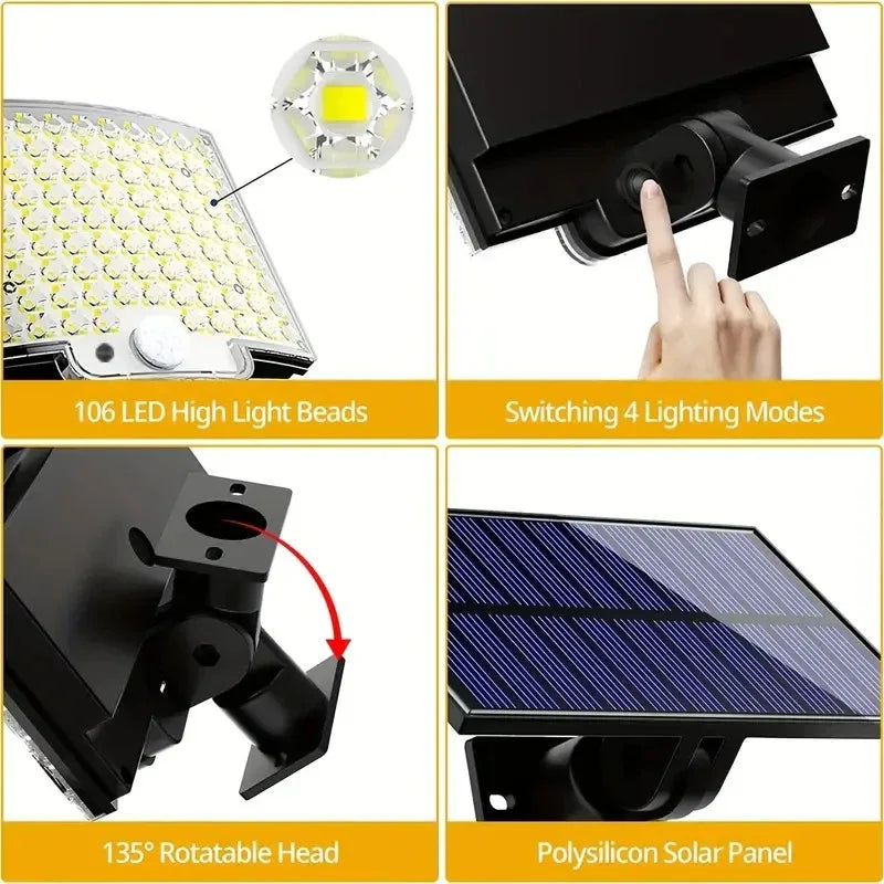 2PCS Solar Lights Outdooor 4 Modes 106LED Solar Security Lights Waterproof Solar Motion Light - THE MILE MAKER DRIVER SHOP