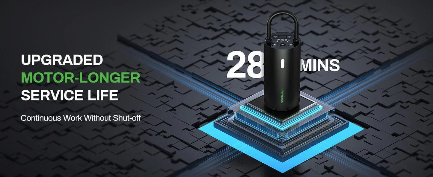 AMPBANK AT004 Smart Portable Tire Air Pump For Cars, Motorcycles, Bicycles And Balls With Pressure Gauge And LED Screen For Fast Inflation - THE MILE MAKER DRIVER SHOP