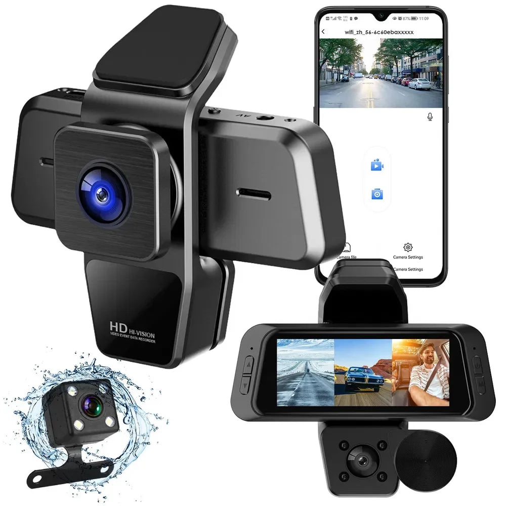 1080P FUD 3 Channel WiFi Dash Cam 170° Wide Angle Triple Car Camera With IR Night G-Sensor Motion Detection Loop Recording App Control Support 128G Max - THE MILE MAKER DRIVER SHOP