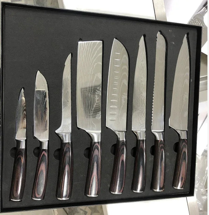 8 Damascus Pattern Stainless Steel Chef's Knives - THE MILE MAKER DRIVER SHOP