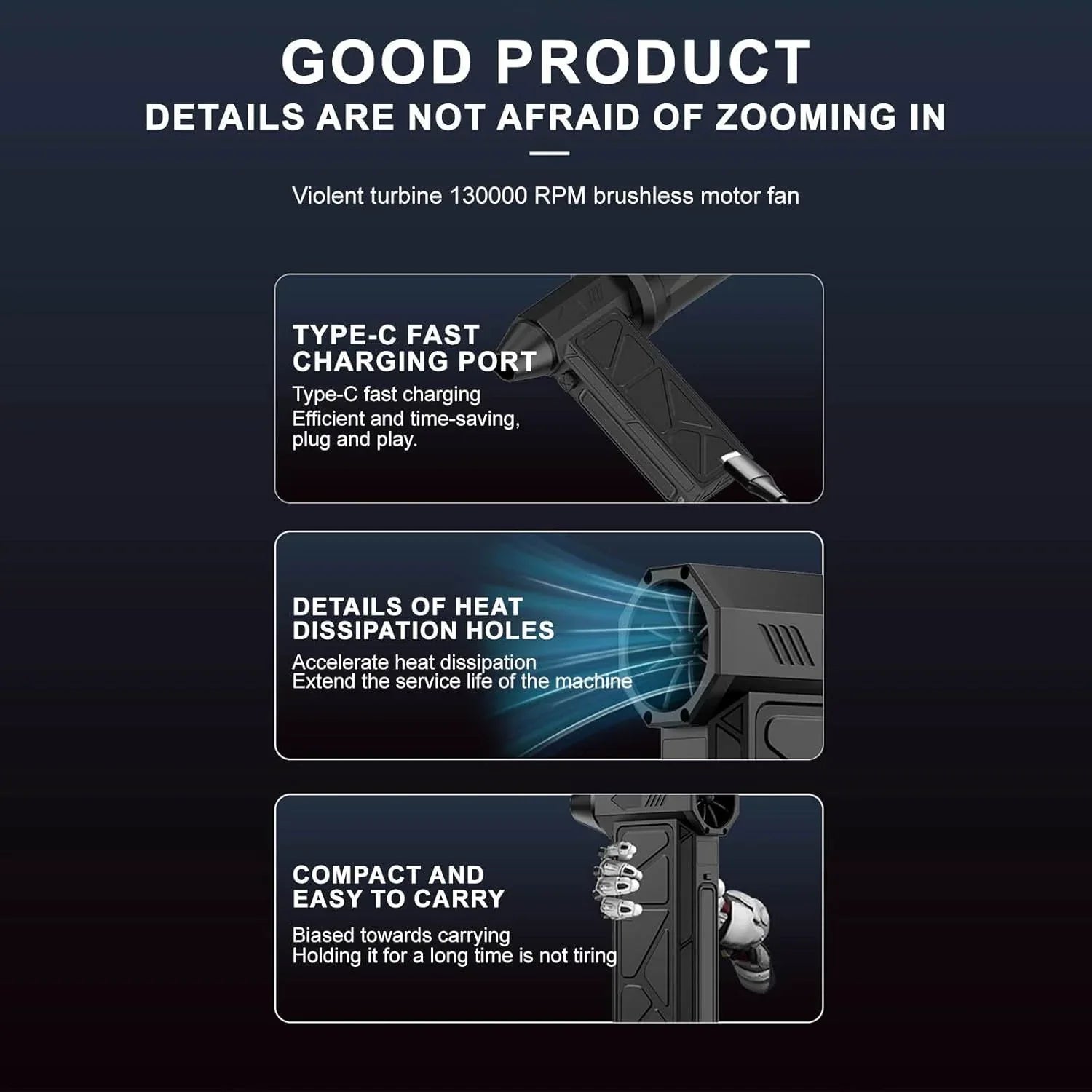 Compressed Air Duster, 130000RPM Handheld Car Vacuum-Air Blower& Pump, 4 Gear Adjustable Electric Air Duster Keyboard Duster With LED Light- Blower - THE MILE MAKER DRIVER SHOP