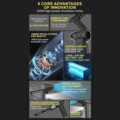 Compressed Air Duster, 130000RPM Handheld Car Vacuum-Air Blower& Pump, 4 Gear Adjustable Electric Air Duster Keyboard Duster With LED Light- Blower - THE MILE MAKER DRIVER SHOP