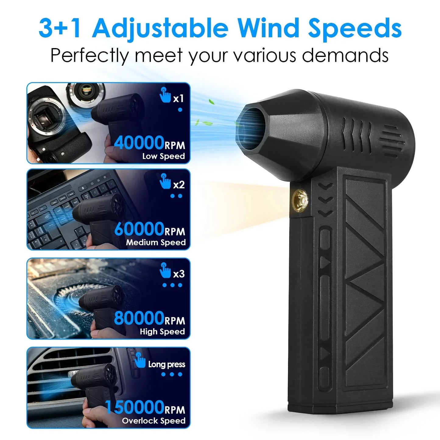 1Pc Compressed Air Duster With LED Light Up To 150000RPM Speed For PC Keyboard Cleaning High Speed Rechargeable Cordless Air Blower With 4 Speeds For Home Car Outdoor - THE MILE MAKER DRIVER SHOP