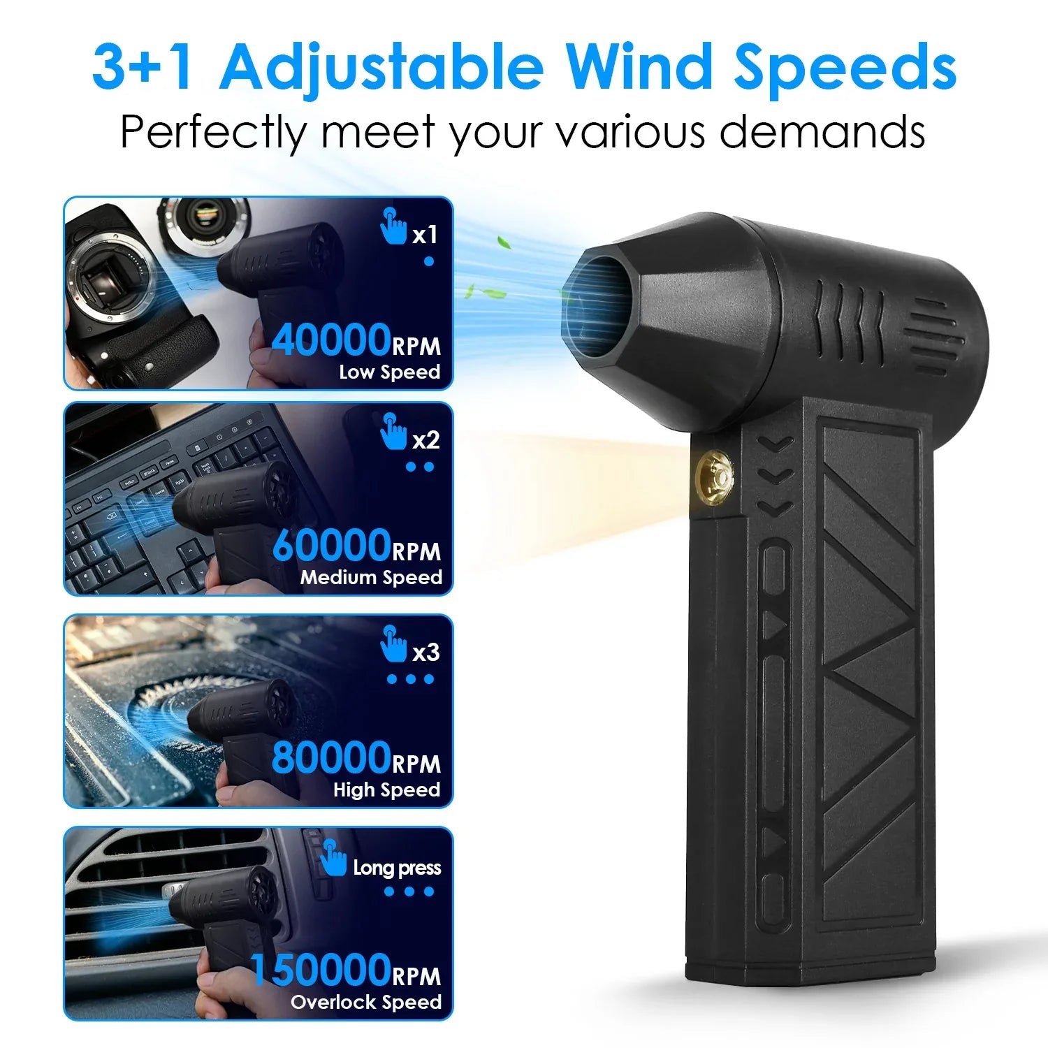 1Pc Compressed Air Duster With LED Light Up To 150000RPM Speed For PC Keyboard Cleaning High Speed Rechargeable Cordless Air Blower With 4 Speeds For Home Car Outdoor - THE MILE MAKER DRIVER SHOP