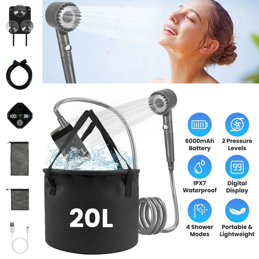 1Pc Portable Shower For Camping Include IPX7 Waterproof 6000mAh Rechargeable Shower Filtered Shower Head 5.3Gallon Foldable Bucket For Hiking Beach Travel Car Pet - THE MILE MAKER DRIVER SHOP
