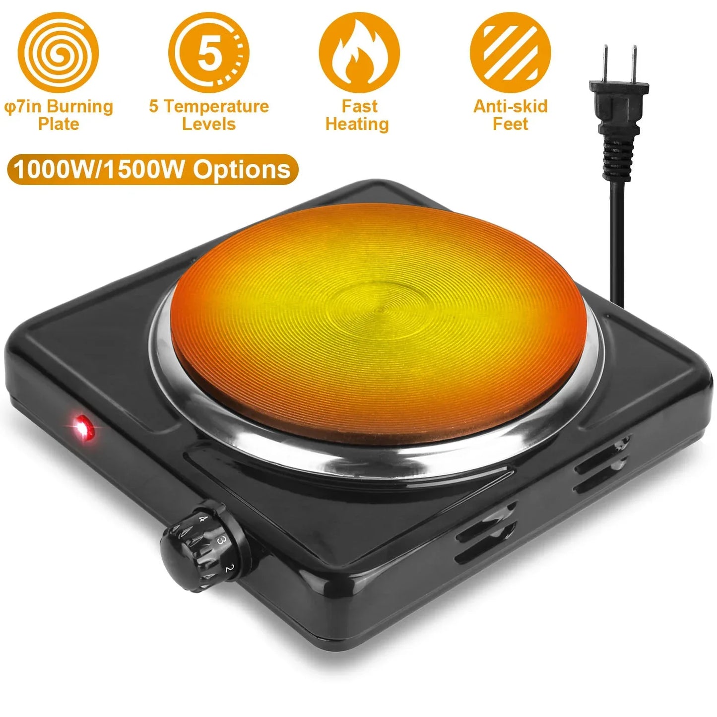 1500W Electric Single Burner Portable Heating Hot Plate Stove Countertop RV Hotplate With Non Slip Rubber Feet 5 Temperature Adjustments - THE MILE MAKER DRIVER SHOP