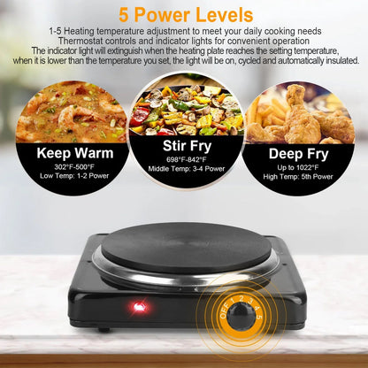 1500W Electric Single Burner Portable Heating Hot Plate Stove Countertop RV Hotplate With Non Slip Rubber Feet 5 Temperature Adjustments - THE MILE MAKER DRIVER SHOP