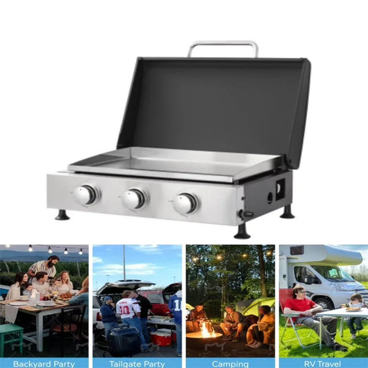3Burner Propane Gas Grill And SS Plancha 2in1 BBQ & Griddle, Cast Iron Grate, Enamel Body, Compatible With 16oz Camping Tanks & 20lbs Backyard Tanks, 601 Sq.In Total Cooking Area - THE MILE MAKER DRIVER SHOP