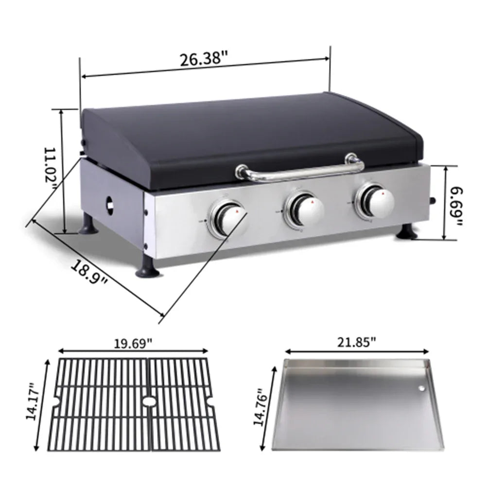 3Burner Propane Gas Grill And SS Plancha 2in1 BBQ & Griddle, Cast Iron Grate, Enamel Body, Compatible With 16oz Camping Tanks & 20lbs Backyard Tanks, 601 Sq.In Total Cooking Area - THE MILE MAKER DRIVER SHOP