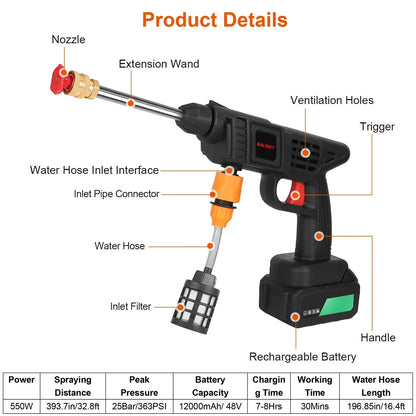 Cordless Pressure Washer Portable Electric Power Washer High Pressure Water Sprayer 363PSI Car Washer Cleaner With 12000mAh 48V Rechargeable Battery And Charger 2 Nozzles - THE MILE MAKER DRIVER SHOP