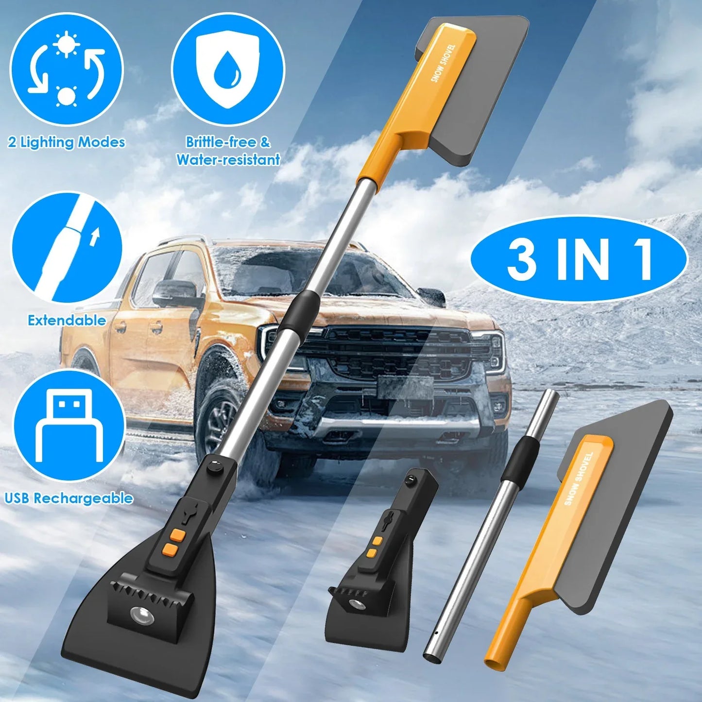 1Pc 3 In 1 Car Snow Removal Shovel With Lights Car Snow Removal Tool Telescopic Windshield Ice Scraper Snow Brush Shovel - THE MILE MAKER DRIVER SHOP