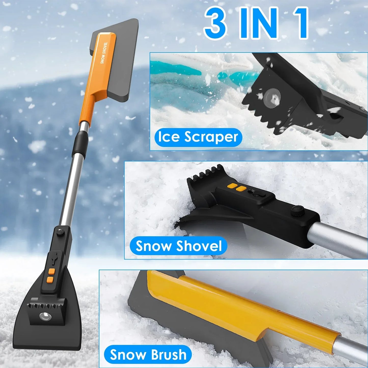 1Pc 3 In 1 Car Snow Removal Shovel With Lights Car Snow Removal Tool Telescopic Windshield Ice Scraper Snow Brush Shovel - THE MILE MAKER DRIVER SHOP