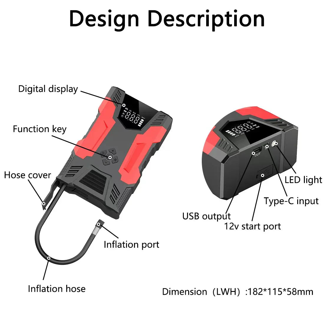 4in1 Multi-functional Car Emergency Jump Starter 12V High-Power Automotive Battery Emergency Jump Starter With Air Compressor Air Pump, Black And Red - THE MILE MAKER DRIVER SHOP
