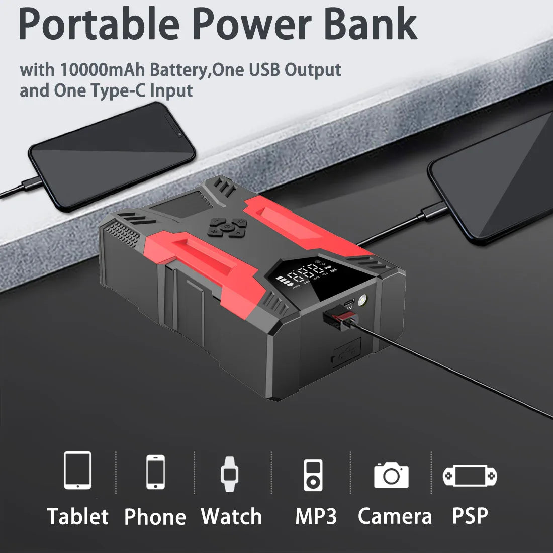 4in1 Multi-functional Car Emergency Jump Starter 12V High-Power Automotive Battery Emergency Jump Starter With Air Compressor Air Pump, Black And Red - THE MILE MAKER DRIVER SHOP