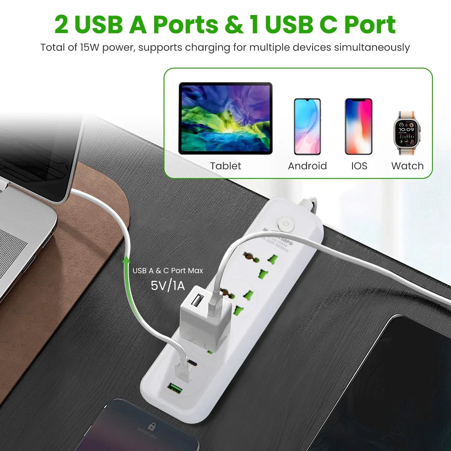 1Pc Power Strip With 6FT Extension Cord 3 AC Outlets And 2 USB A Ports 1 USB C Port 2500W Wall Mount Outlet Extender For Home Office Dorm Travel - THE MILE MAKER DRIVER SHOP