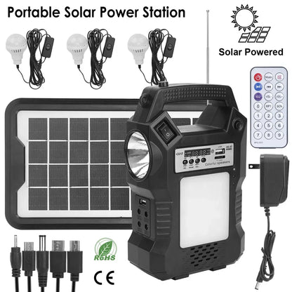 Portable Solar Power Station Rechargeable Backup Power Bank W/Flashlight 3 Lighting Bulbs For Camping Outage Garden Lamp - THE MILE MAKER DRIVER SHOP