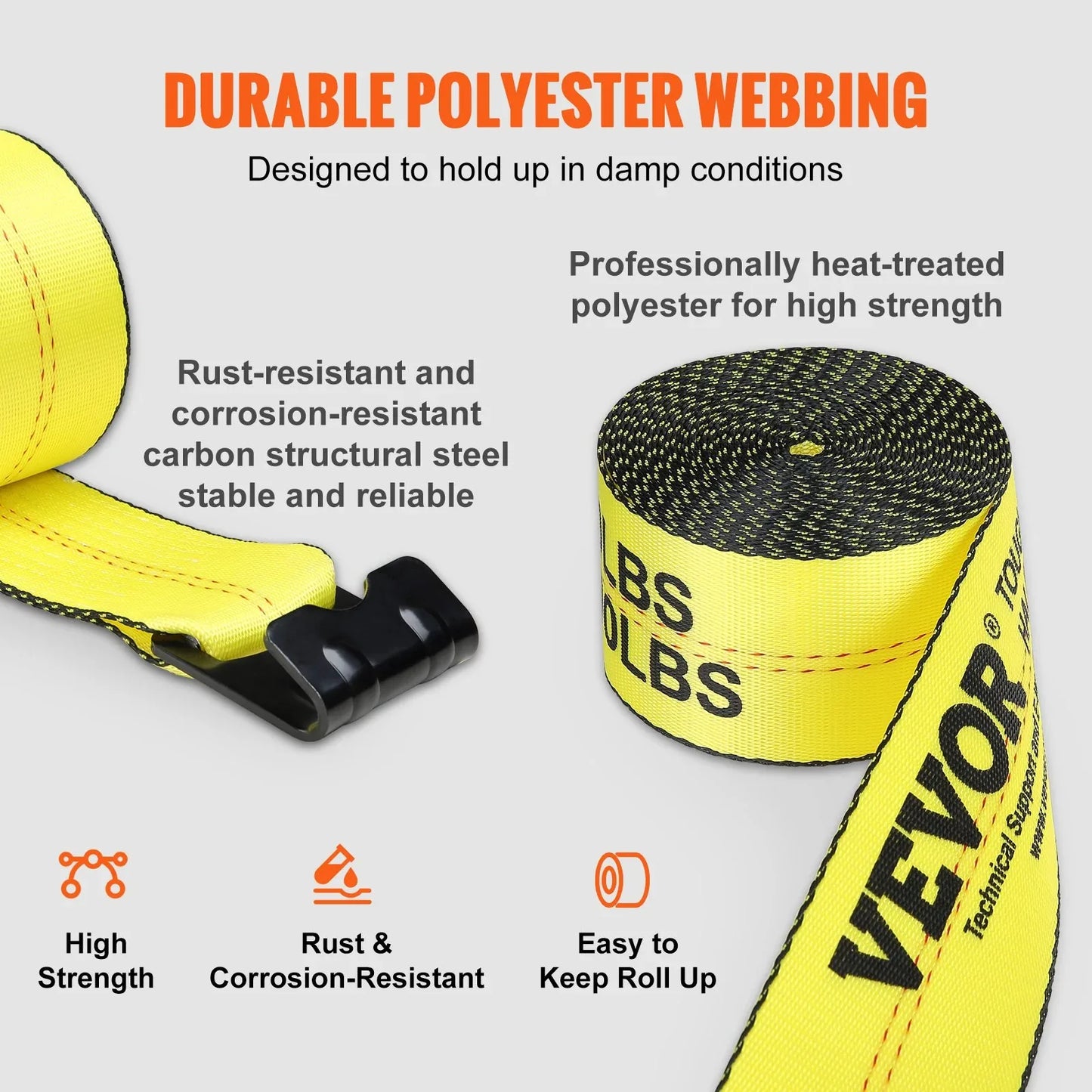 Winch Straps, 6000 Lbs Load Capacity, 18000 Lbs Break Strength, Truck Straps With Flat Hook, Flatbed Tie Downs Cargo Control For Trailers, Farms, Rescues, Tree Saver, Yellow - THE MILE MAKER DRIVER SHOP