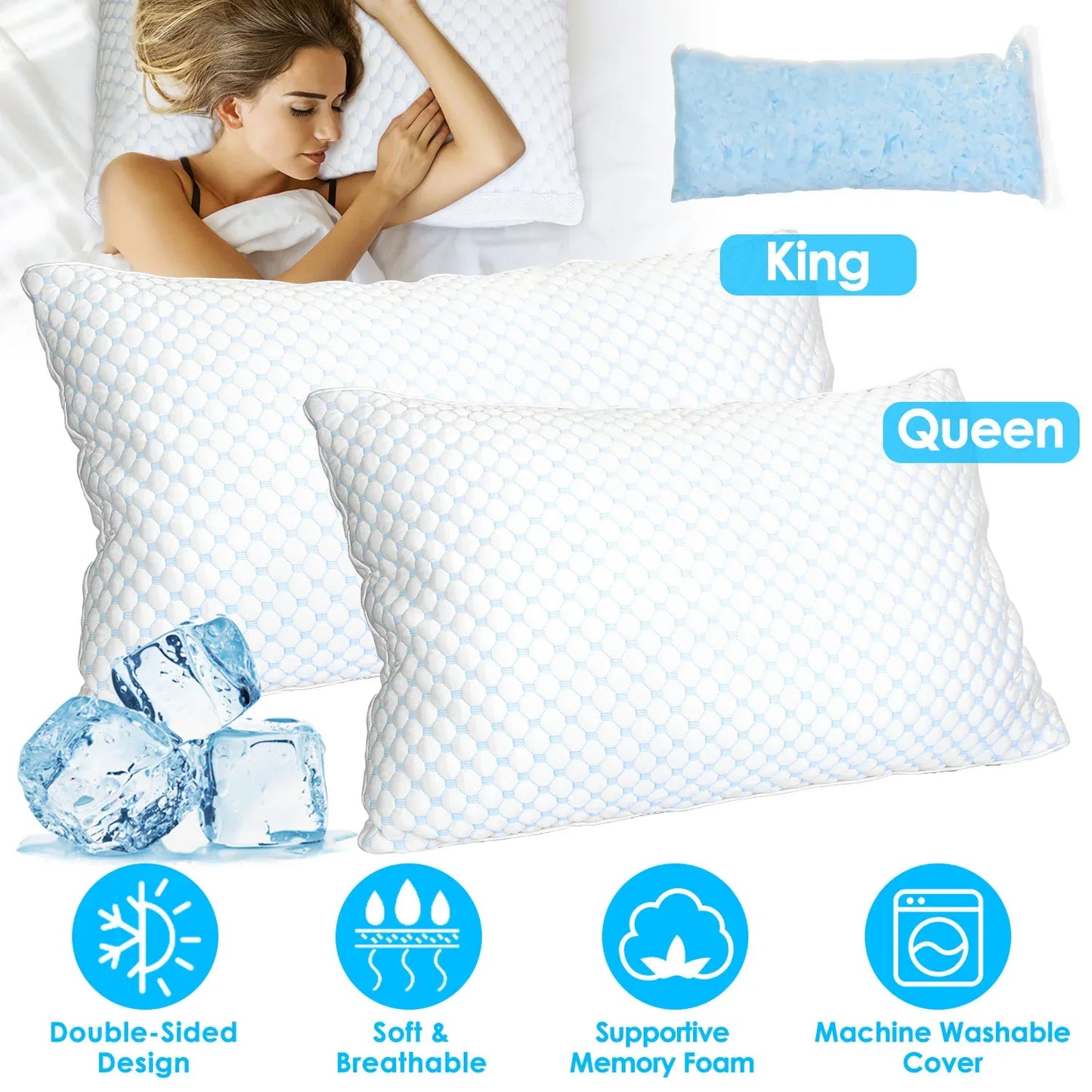 1Pc Or 2Pcs King Or Queen Size Options Shredded Memory Foam Pillow Adjustable Cool Pillow With Extra Filling Machine Washable Cover For Side Back Stomach Sleepers - THE MILE MAKER DRIVER SHOP