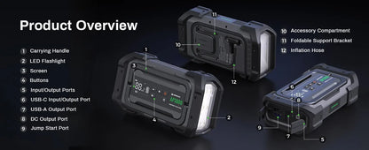 3000A Portable Car Emergency Starter Power Supply With Inflator Function 150PSI Digital Tire Inflator 12V Car Battery Charger With LED Lighting LCD Display - THE MILE MAKER DRIVER SHOP