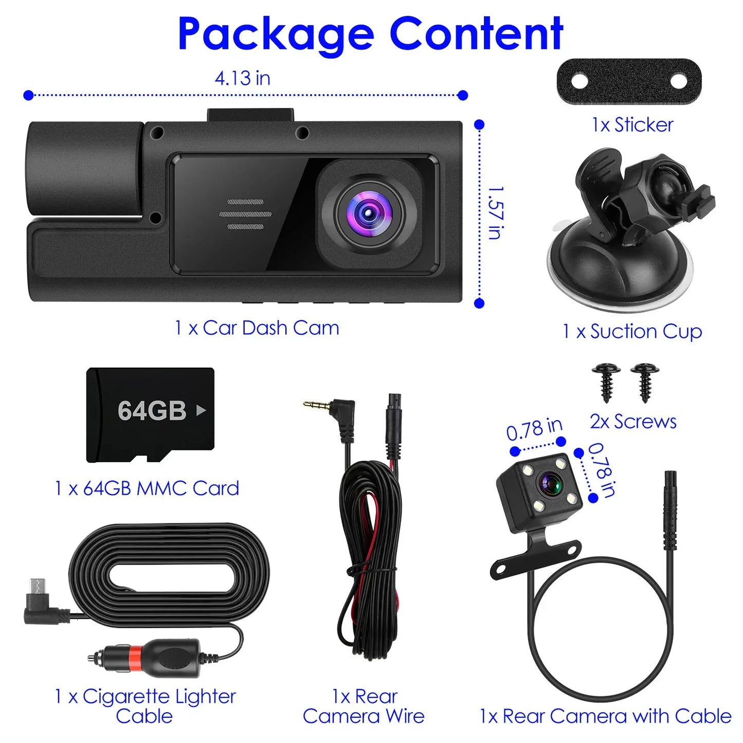 1Pc WiFi FHD 1080P Car Dash Cam 3 Channels Front Rear Inside Dash Camera With Loop Recording Reversing Visual 170 Degree Wide Angle 64G Card Included - THE MILE MAKER DRIVER SHOP