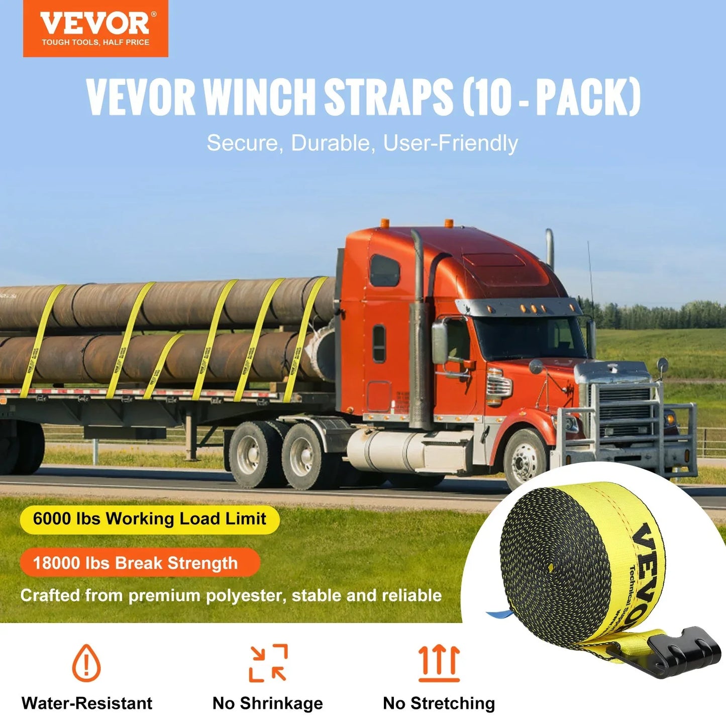 Winch Straps, 6000 Lbs Load Capacity, 18000 Lbs Break Strength, Truck Straps With Flat Hook, Flatbed Tie Downs Cargo Control For Trailers, Farms, Rescues, Tree Saver, Yellow - THE MILE MAKER DRIVER SHOP