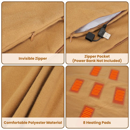 1Pc 79x24In USB Heated Shawl With Teasel Wearable Heating Blanket Electric Throw Wrap Indoor Outdoor With Zipper 3 Heating Levels Machine Washable For Outdoor Home Office - THE MILE MAKER DRIVER SHOP