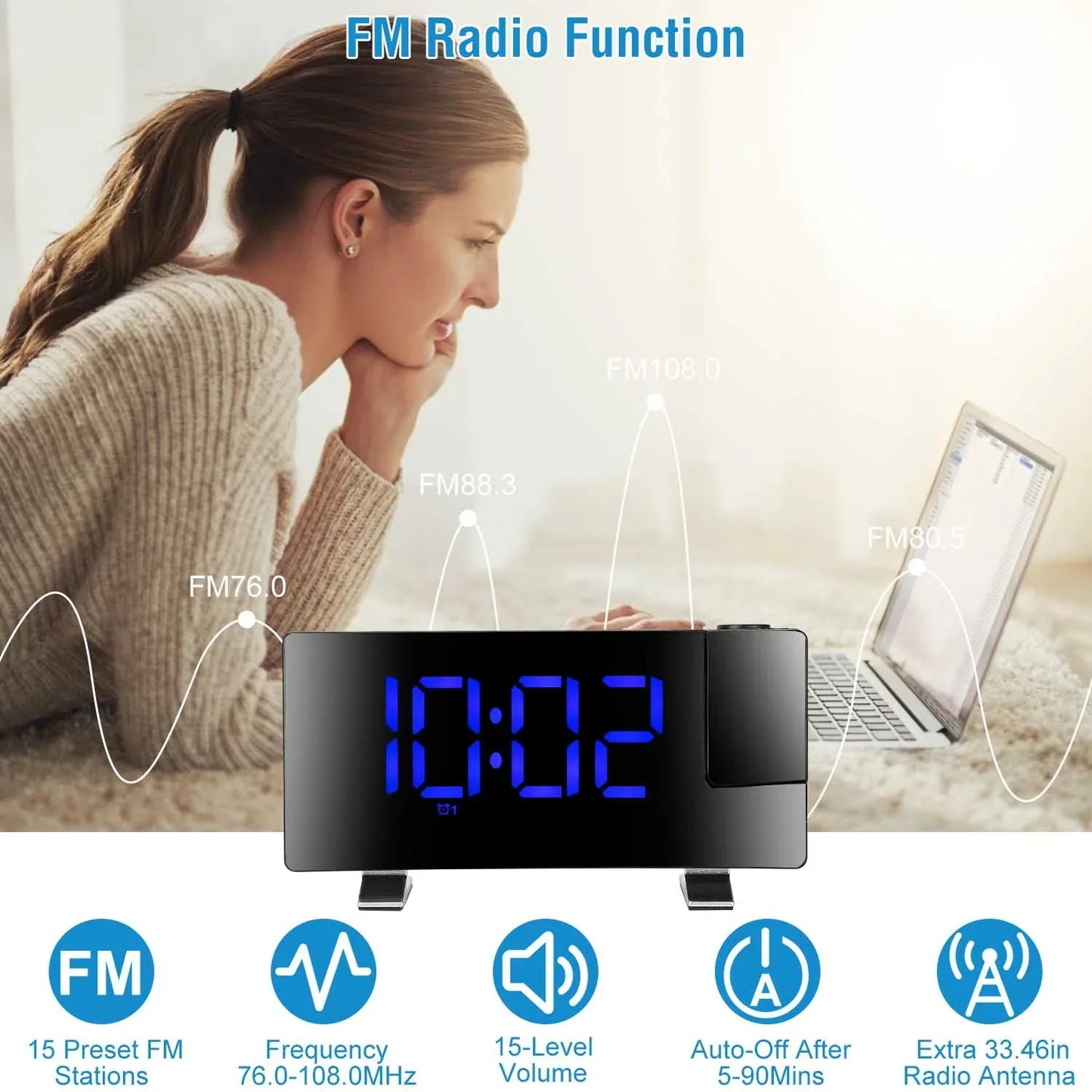 1Pc Projection Alarm Clock With Radio Function Curved Screen LED Digital Alarm Clock With Dual Alarms 4 Dimmer 12-24 Hour USB Charging Port 180Degree Rotatable Projection - THE MILE MAKER DRIVER SHOP