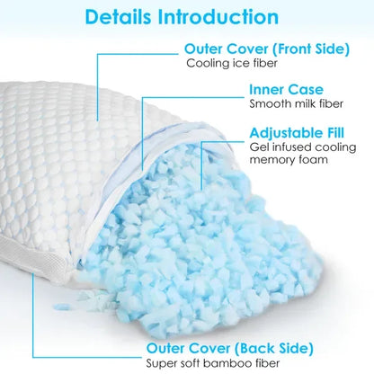 1Pc Shredded Memory Foam Pillow Adjustable Cool Pillow With Extra Filling Machine Washable Cover For Side Back Stomach Sleepers - THE MILE MAKER DRIVER SHOP