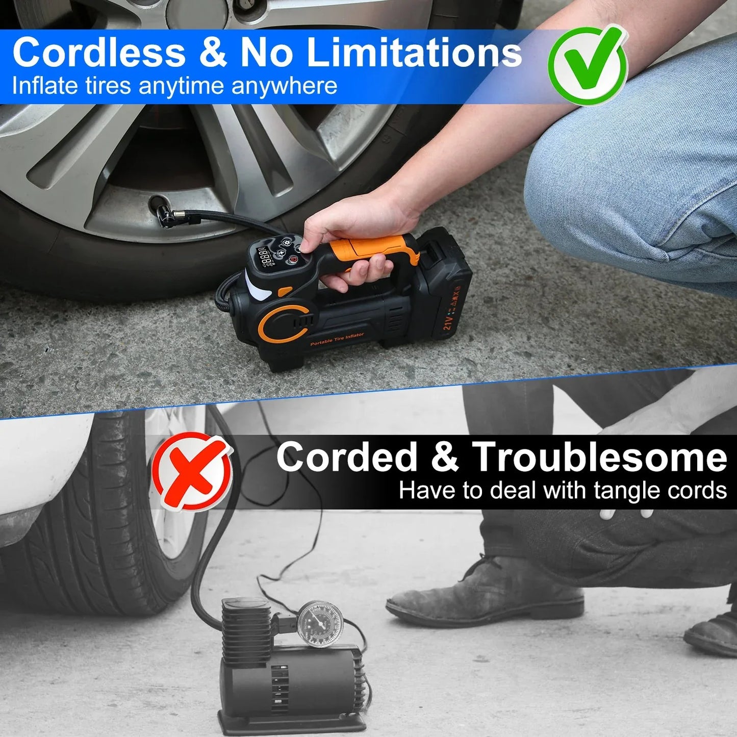 1Pc 140W 150PSI 21V Battery Powered Tire Inflator Cordless Air Inflator Digital Air Compressor With LED Light For Cars Motorcycles Bicycles Balls - THE MILE MAKER DRIVER SHOP