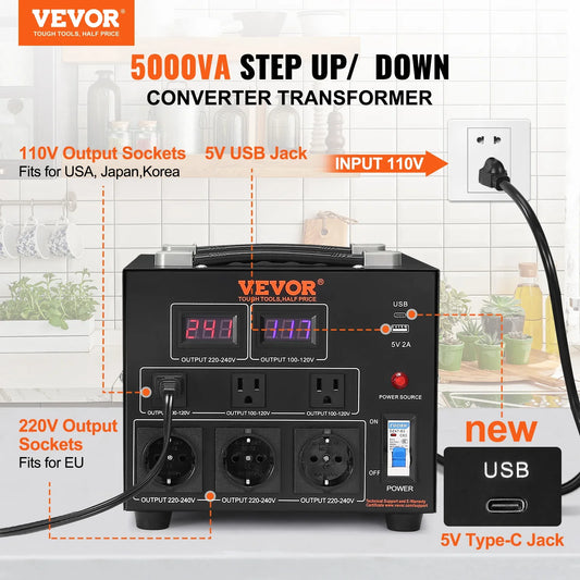 VEVOR Voltage Converter Transformer, 5000W, Heavy Duty Step Up Down Transformer, Convert From 110 Volt To 220 Volt And From 220 Volt To 110 Volt, With US Outlet EU Outlet 5V USB Port, CE Certified - THE MILE MAKER DRIVER SHOP