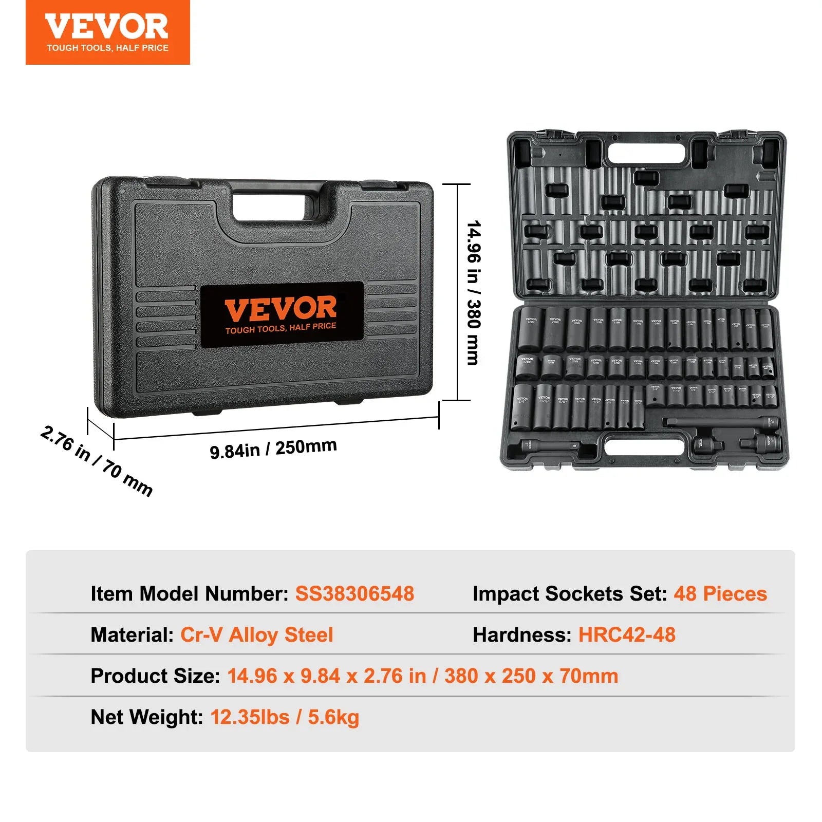VEVOR Rive Impact Socket Set, 48 Piece Socket Set SAE & Metric 8-22mm 6 Point Cr-V Drive Extension Bar Universal Joint & Power Drill Adapter Includes Storage Case - THE MILE MAKER DRIVER SHOP