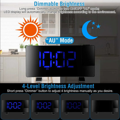 1Pc Projection Alarm Clock With Radio Function Curved Screen LED Digital Alarm Clock With Dual Alarms 4 Dimmer 12-24 Hour USB Charging Port 180Degree Rotatable Projection - THE MILE MAKER DRIVER SHOP