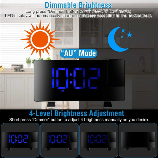 1Pc Projection Alarm Clock With Radio Function Curved Screen LED Digital Alarm Clock With Dual Alarms 4 Dimmer 12-24 Hour USB Charging Port 180Degree Rotatable Projection - THE MILE MAKER DRIVER SHOP